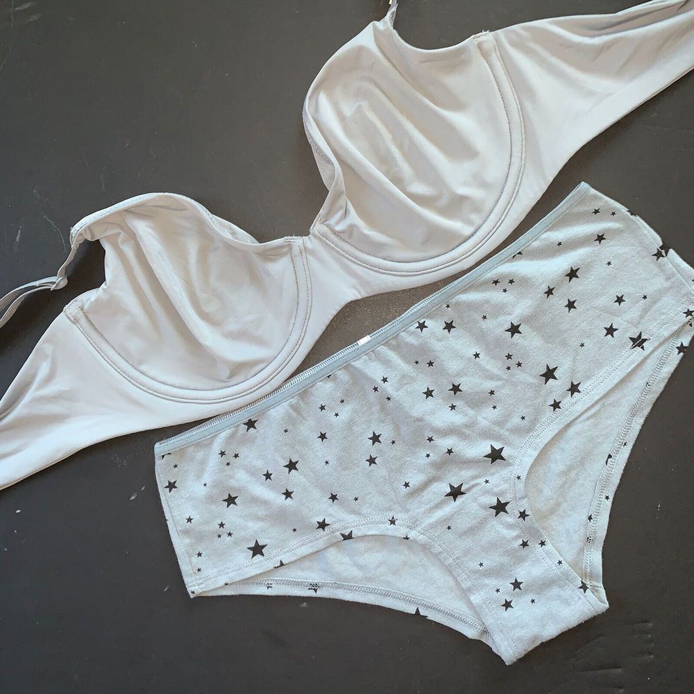 Victoria's Secret unlined 36C BRA SET M Cotton Panty GRAY black Stars SMOOTH